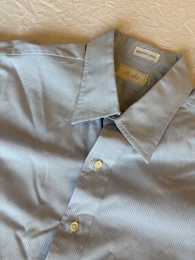 Vintage Mr. Sid Men’s Blue Striped Dress Shirt Size 17 1/2-35 Imported Cotton